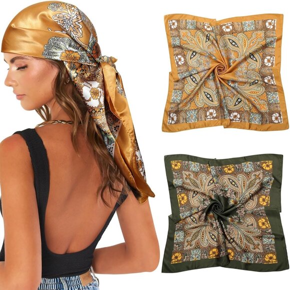 Accessories - 35 Inch Silk Head Scarf 2 Pcs Cashew(yellow+green)
